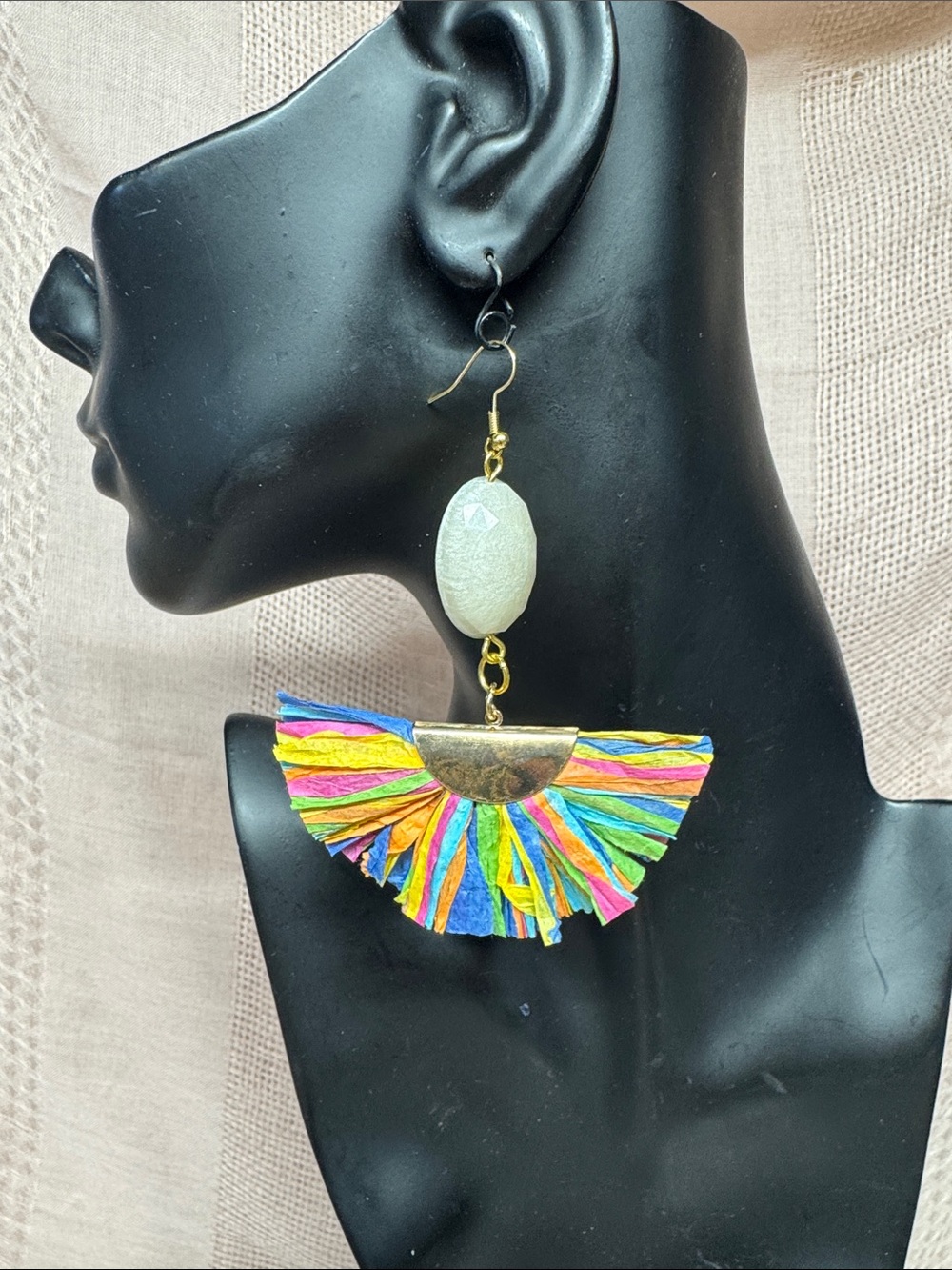 Multicolor Raffia Fan Drop Earrings with White Bead